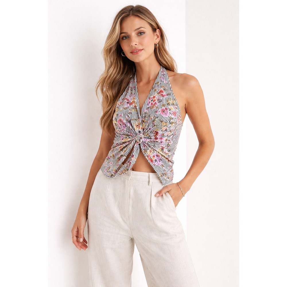 Zara Womens Floral Striped Halter Top Knotted Front Open Back V-Neck L Coastal
